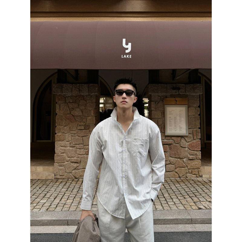 Chear [100% Pure Cotton, Striped] Contrasting Color Intellectual Style Handsome Gentleman Long-Sleeve Patch Pocket Shirt