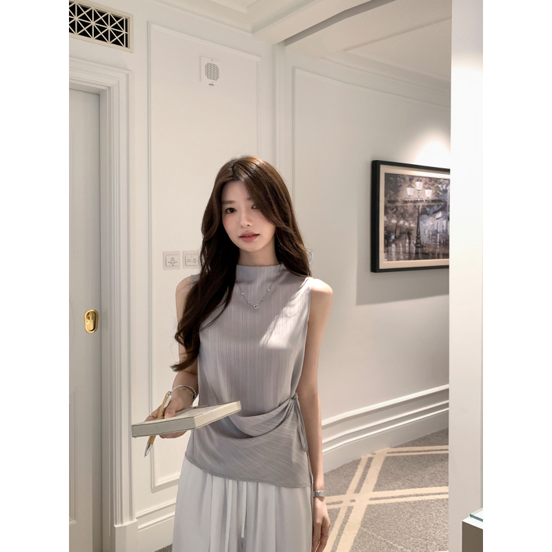 1Xtwo Intellectual Style Vertical Textured Half-High Collar Sleeveless Shirt for Women with Side Waist Cinching and Ruched Tie Vest Top 1Xtwo Intellectual Style Vertical Textured Half-High Collar Sleeveless Shirt for Women with Side Waist Cinching and Ruched Tie Vest Top