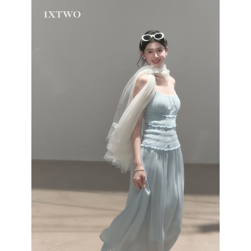 1Xtwo Pure Goddess Style French Tea Break Ruched Strap Dress Women's High-End Ruffle Waist-Cinching Long Dress 1Xtwo Pure Goddess Style French Tea Break Ruched Strap Dress Women's High-End Ruffle Waist-Cinching Long Dress