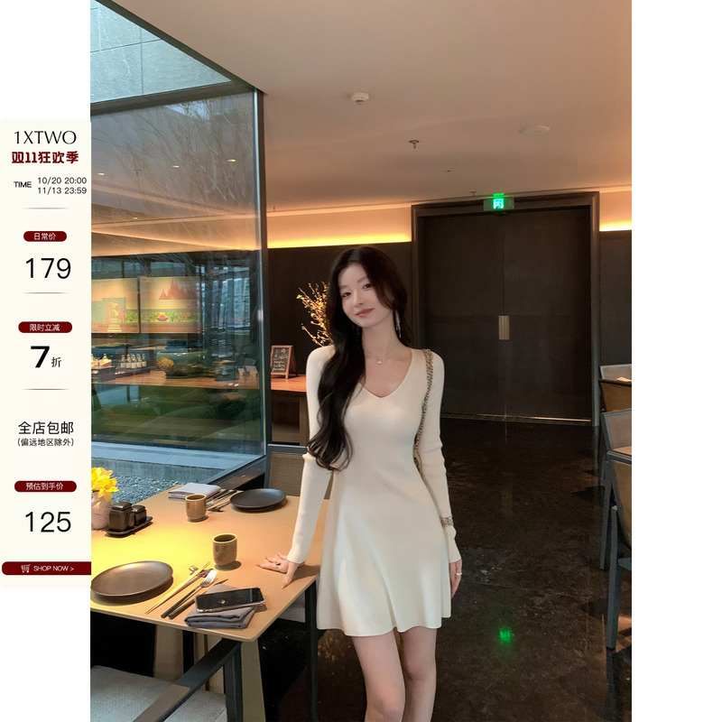 1Xtwo Sweet Beauty High-End V-Neck Long-Sleeve Knitted Dress Feminine Slim-Fitting Waist-Cinching A-Line Short Skirt 1Xtwo Sweet Beauty High-End V-Neck Long-Sleeve Knitted Dress Feminine Slim-Fitting Waist-Cinching A-Line Short Skirt