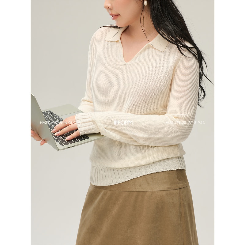 Iiiform Special Washi Yarn Slightly Plus-Size Minimalist Loose Lapel Versatile Long-Sleeve Knit Top for Women Early Autumn Iiiform Special Washi Yarn Slightly Plus-Size Minimalist Loose Lapel Versatile Long-Sleeve Knit Top for Women Early Autumn