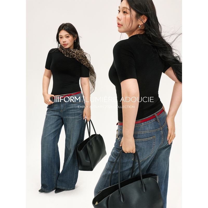 Iiiform Machine Washable 100% Merino Wool Slightly Plus Size Minimalist Slim-Fit Base Short-Sleeve Knit Top for Women