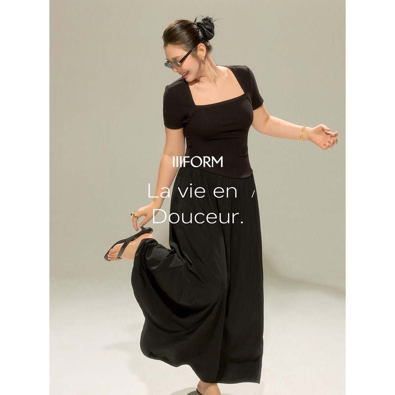 Iiiform Plus-Size Minimalist Elegant High-End Patchwork Square-Neck Waist-Cinching Slimming Flared Dress Iiiform Plus-Size Minimalist Elegant High-End Patchwork Square-Neck Waist-Cinching Slimming Flared Dress
