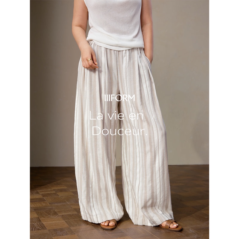 Iiiform Recycled Cellulose Fiber Linen Plus-Size Loose Wide-Leg Striped Casual Pants for Women