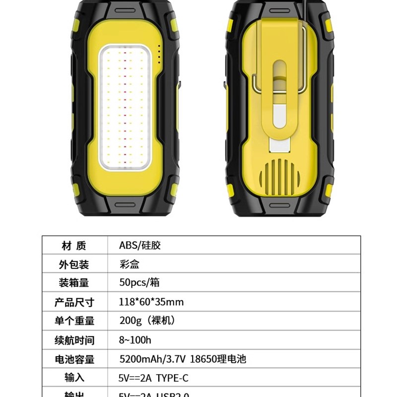 Dual magnetic dual lamp maintenance work lamp outdoor camping large capacity emergency tent car repair with flashlight