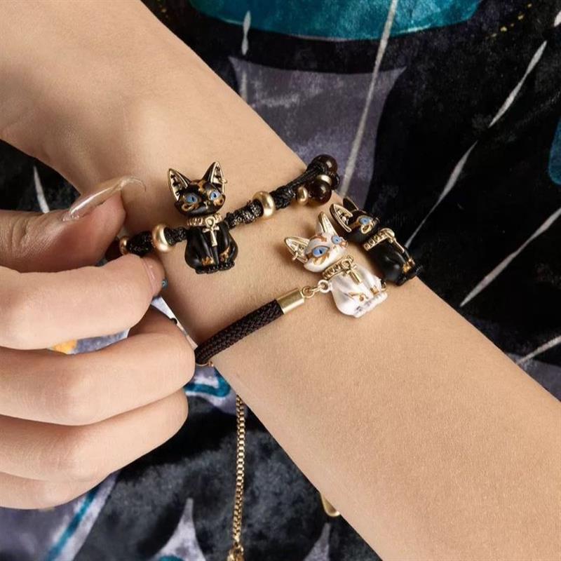 2025 Pharaoh Egyptian Cat Series Black and White Cat Anka Braided Rope Bracelet Tiger Eye Stone Beaded Bracelet for Women