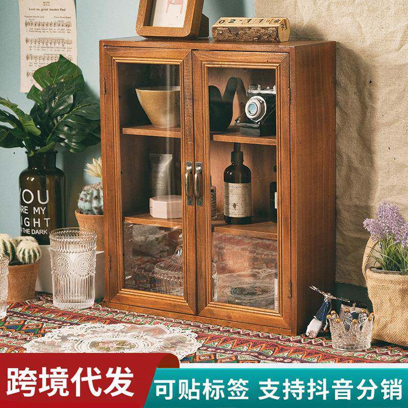 Household retro handmade dustproof storage cabinet multi-layer finishing hotel decoration wooden tea set double door storage cabinet