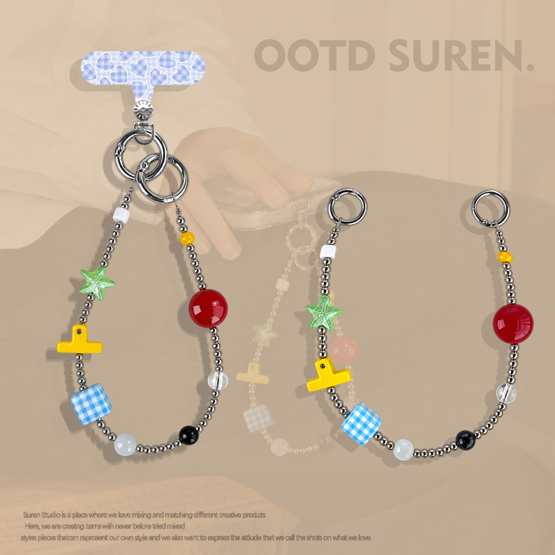 Dopamine-Colored Plaid Beaded Phone Chain Pendant Creative Heart-Shaped Ornament Bead Decoration Portable Keychain Decoration