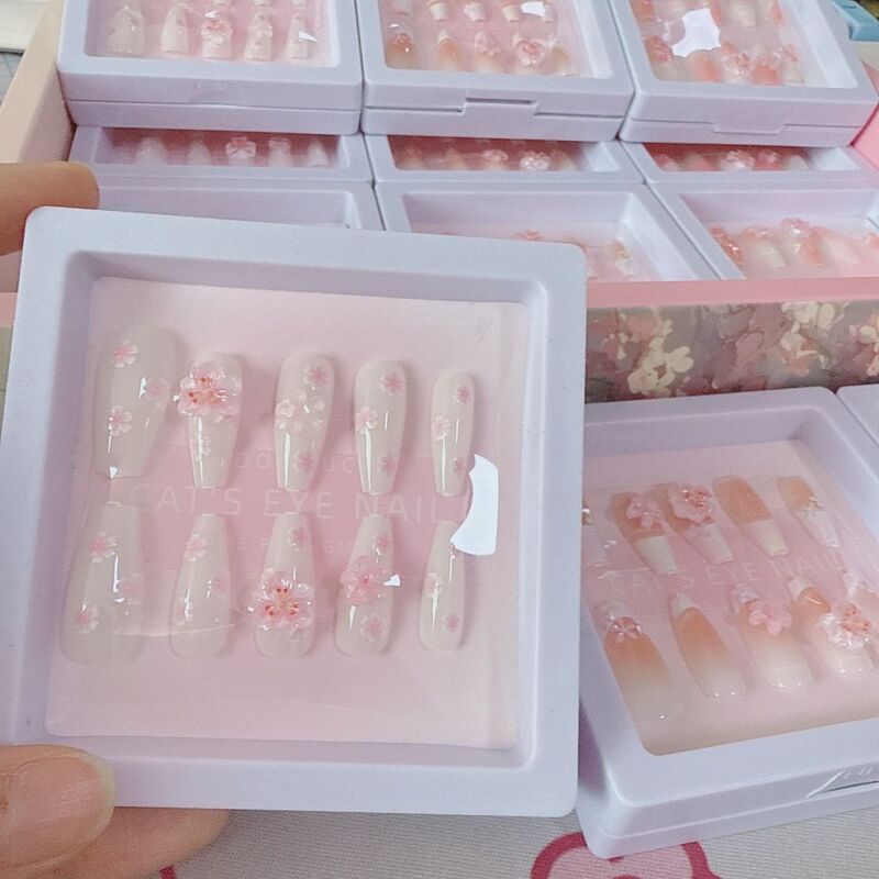 New Fresh and Light Spring Cherry Blossom Series High-Value Dreamy Cherry Blossom Nail Art Machine-Made Medium-Length Nail Decorations