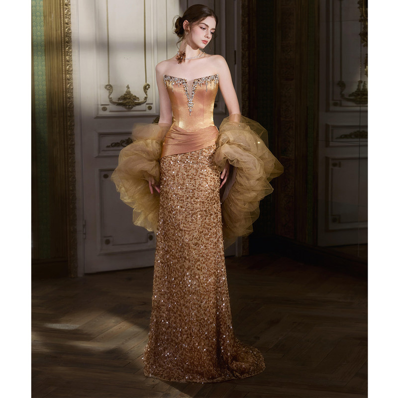 Engagement Dress for Women, Strapless, Heavily Embellished with Sequins, Toast Dress, Bridal Robe, High-End Niche Evening Gown, Student Coming-Of-Age Ceremony Dress