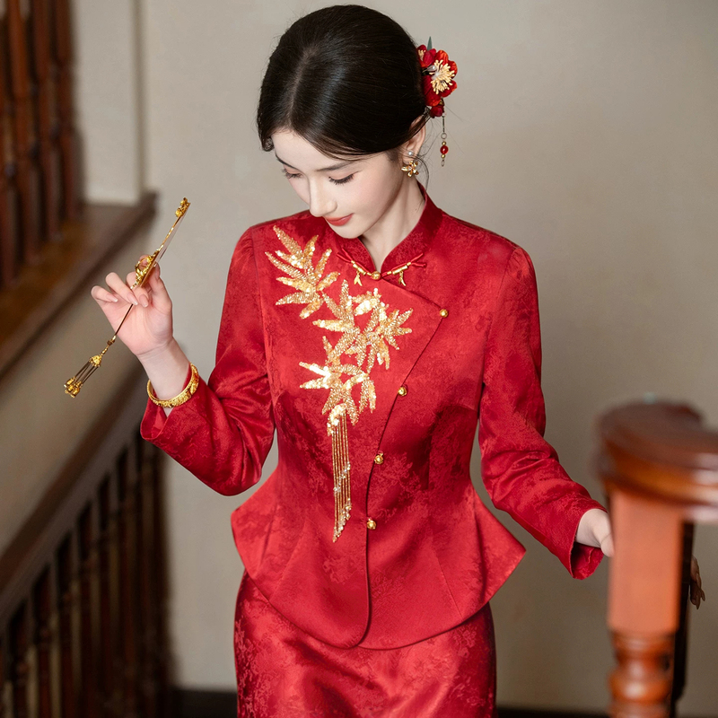 Red Wedding Dress for the Bride 2026 New Style Long-Sleeve Engagement Gown Set Morning Robe High-End Elegant Homecoming and Wedding Banquet Attire