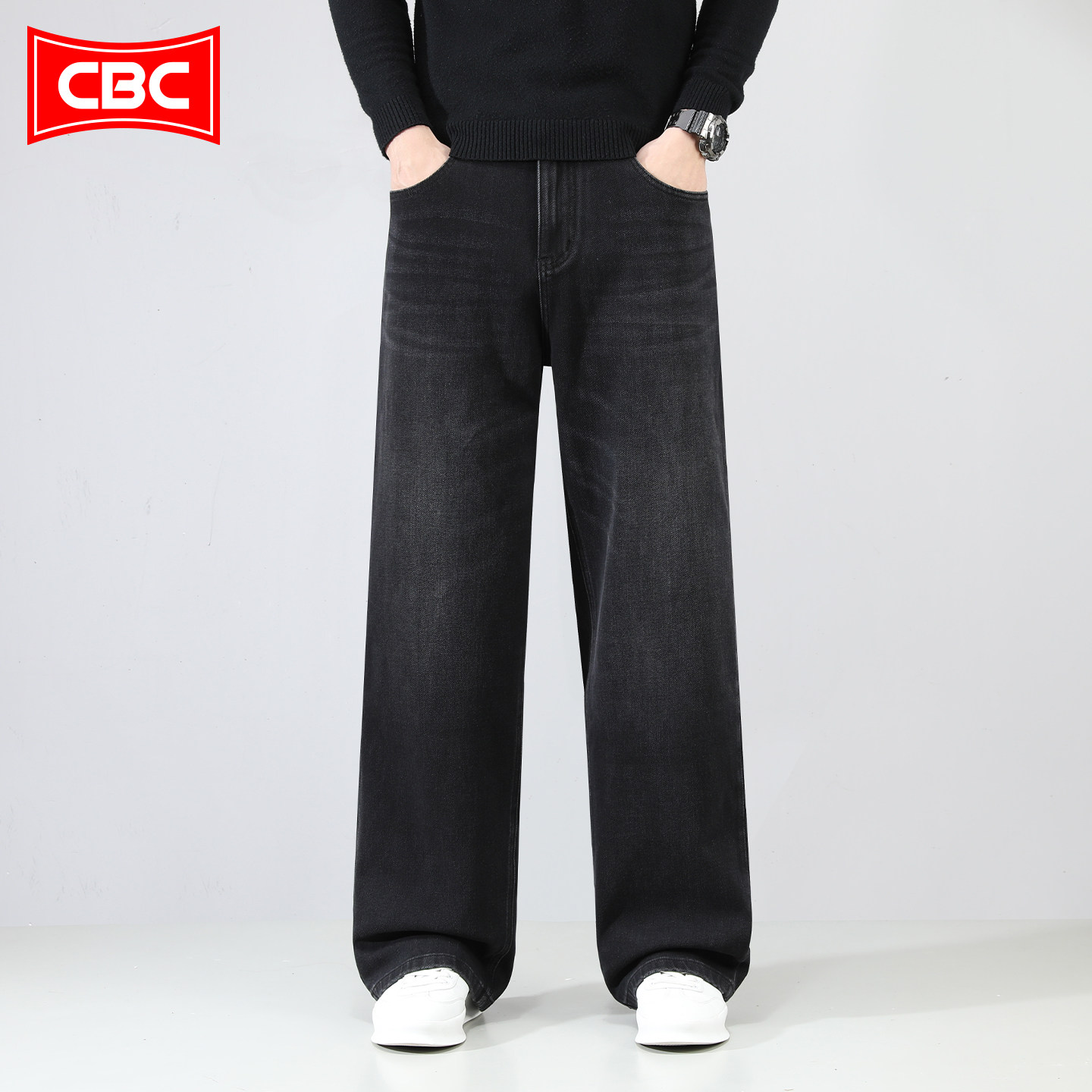 CBC ブラック＆グレー ワイドレッグジーンズ メンズ、2026年春新作、トレンディな高級カジュアルパンツ、ゆったりストレートレッグロングパンツ