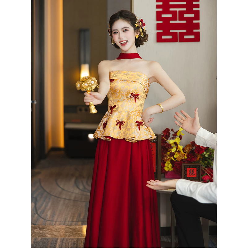 Strapless Engagement Dress, Bride's Toast Dress, 2026 New Style, High-End Wedding Casual Wear, Homecoming Thank-You Banquet Two-Piece Set Strapless Engagement Dress, Bride's Toast Dress, 2026 New Style, High-End Wedding Casual Wear, Homecoming Thank-You Banquet Two-Piece Set