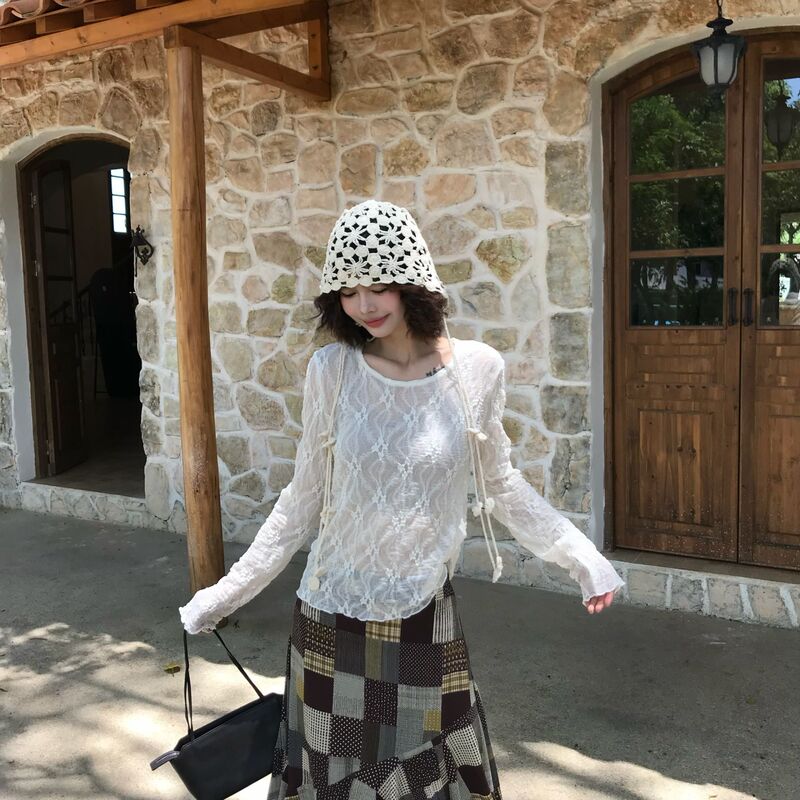 Flaresoil Korean Style Layered Lace Shirt for Women, Autumn Diamond Jacquard Slightly Sheer Mesh Lace Long-Sleeve Base Shirt Flaresoil Korean Style Layered Lace Shirt for Women, Autumn Diamond Jacquard Slightly Sheer Mesh Lace Long-Sleeve Base Shirt