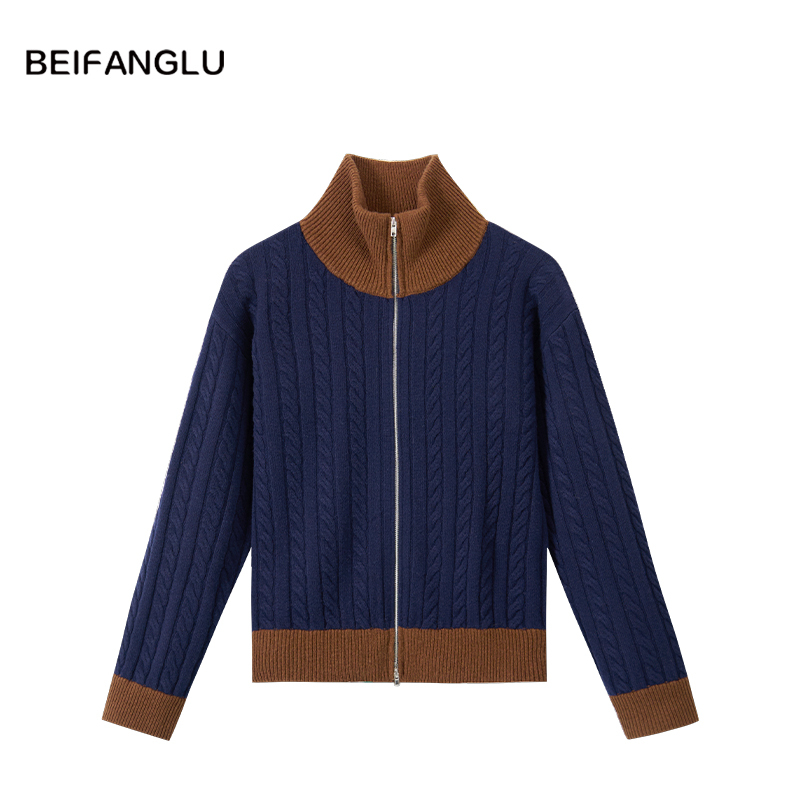 Northern Deer M* Series Retro Cable-Knit Cardigan 100% Sheep Wool Color-Blocked Lapel Zipper Knit Jacket 251551