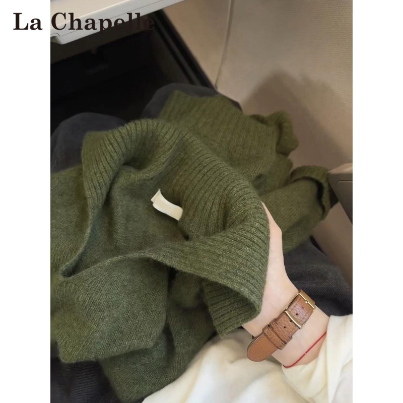 La Chapelle Olive Green Lapel Knit Sweater for Women 2026 Autumn Korean Style Pullover Sweater with a Stylish Design