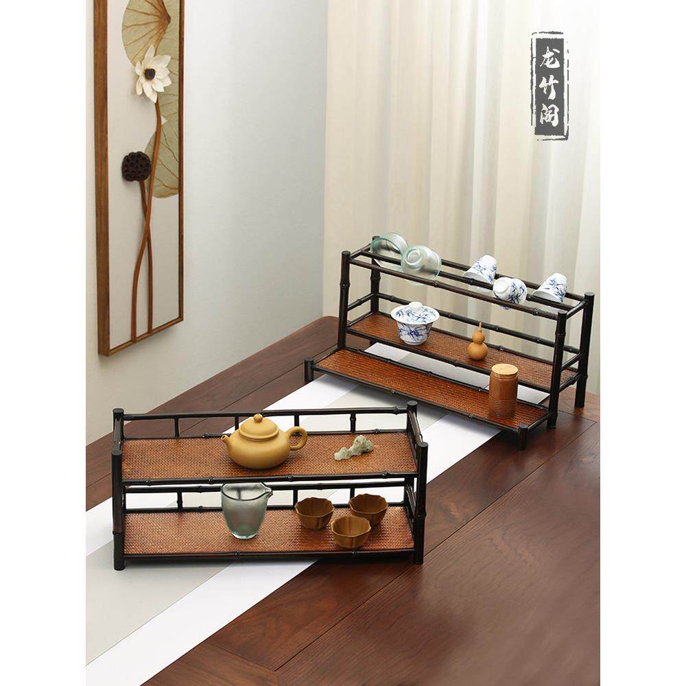 Purple bamboo double-layer tea cup rack bamboo tea set rack cup drying rack tea cup holder household tea set teapot storage display rack