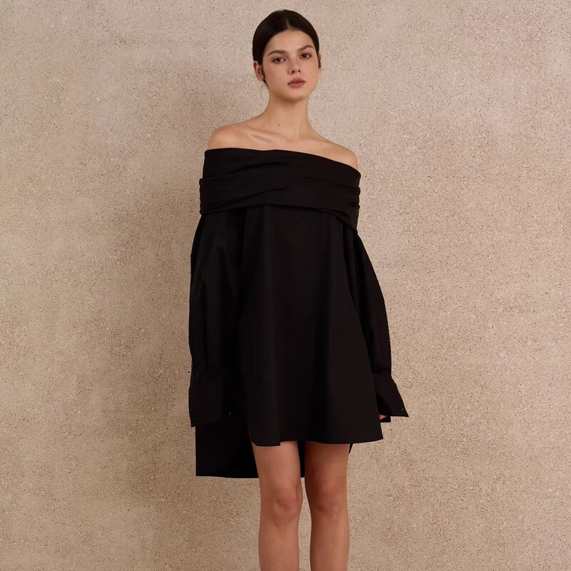 Azurehush One-Shoulder Shirt Dress, French Retro Dress, Date Party Elegant Little Black Dress