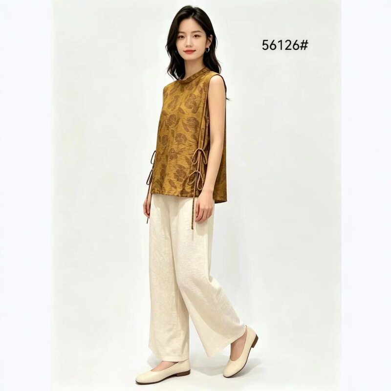 Ygl 3203-50 Belted Slimming Solid Color Stand Collar Tie Sleeveless Top