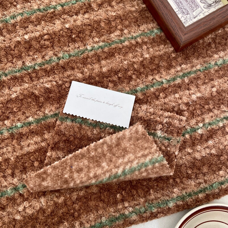 Retro Brown Plush Green Pinstripes Fabric with Soft and Waxy Texture, Autumn and Winter Atmosphere Outwear and Coat