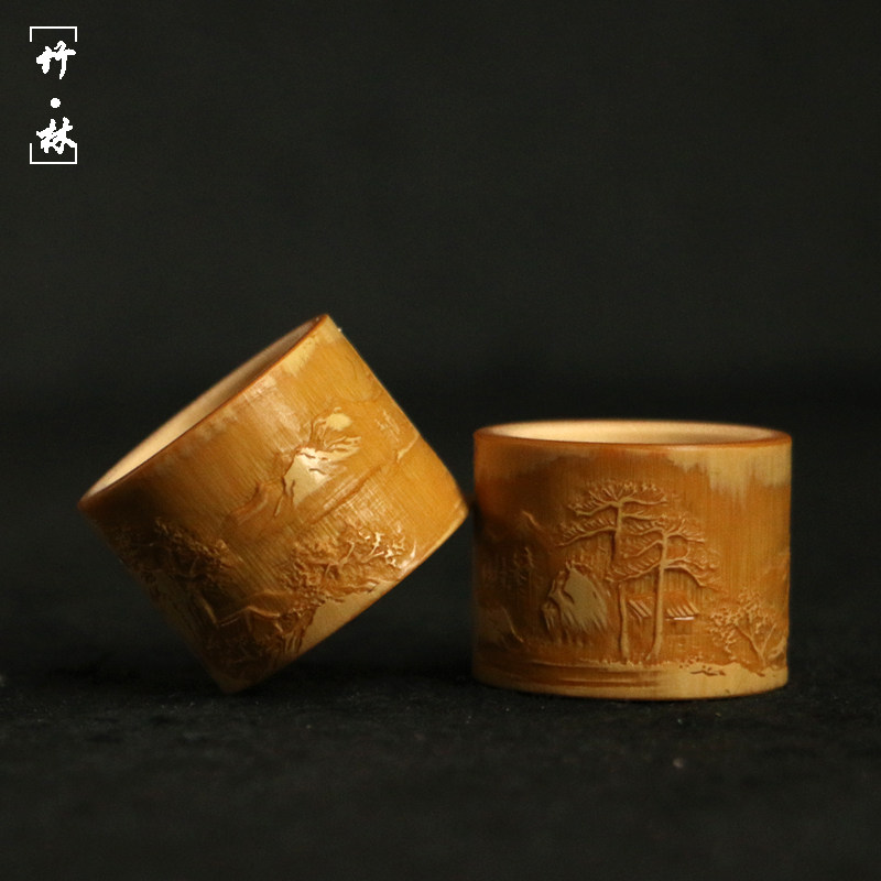 Boutique famous artist Wang Lei's pure handcrafted low-relief landscape and scenery old jade bamboo ring with finger handle and bamboo carving ring