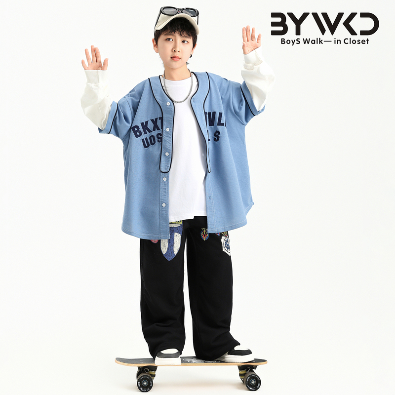 Boys' Trendy Hip-Hop Baseball Shirt, Faux Two-Piece Spring and Autumn Outfit, 2026 New Style, Big Kids' Street Dance Shirt