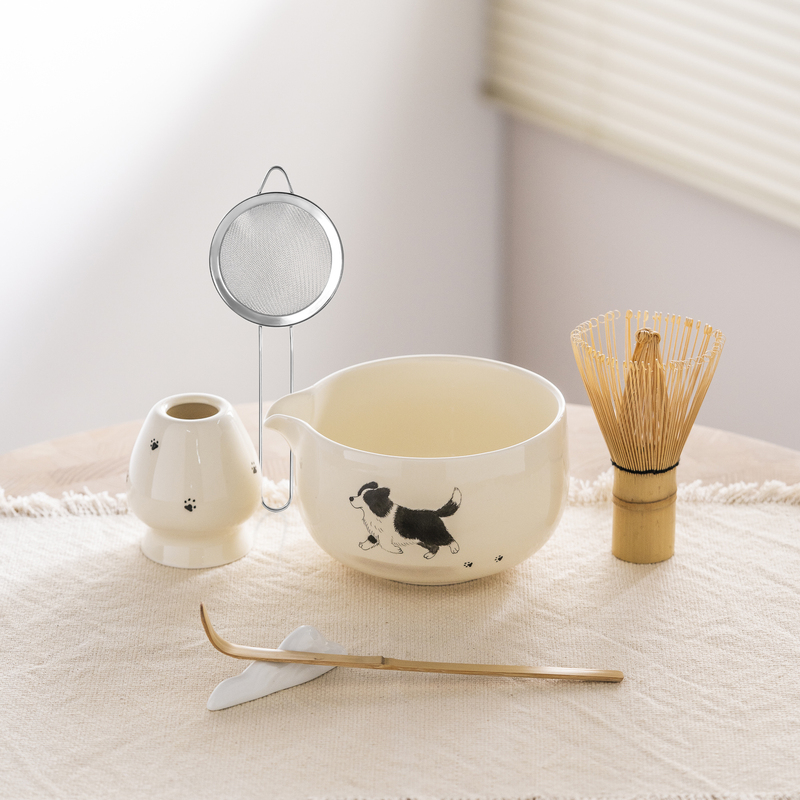 Matcha Bowl Japanese Style with Spout Hand-Painted Cute Dog Matcha Six-Piece Set Matcha Set Song Dynasty Tea Ceremony Tea Whisk Tools