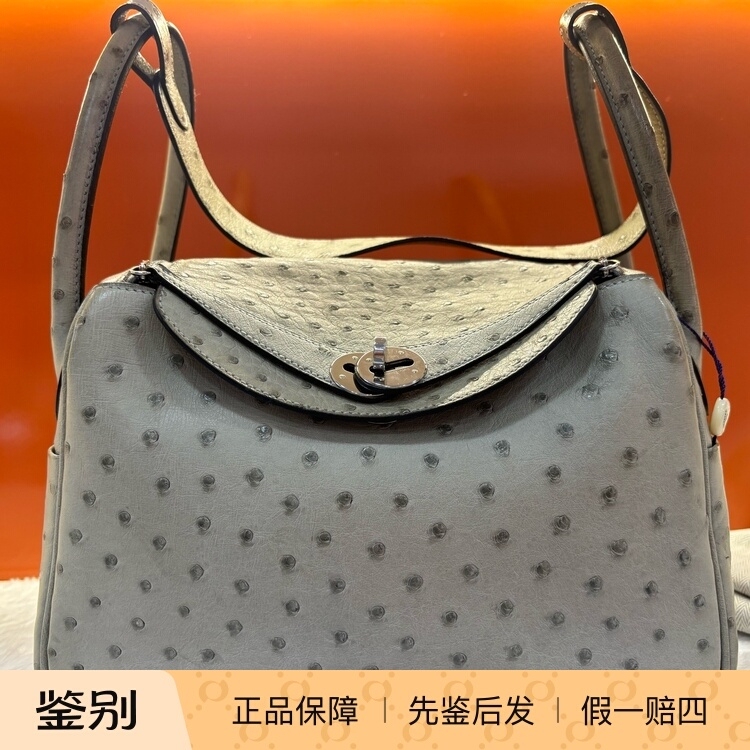 【98% New】Hermes Lindy 26 Ostrich Leather Silver Buckle Mini Shoulder Crossbody Bag X Stamp