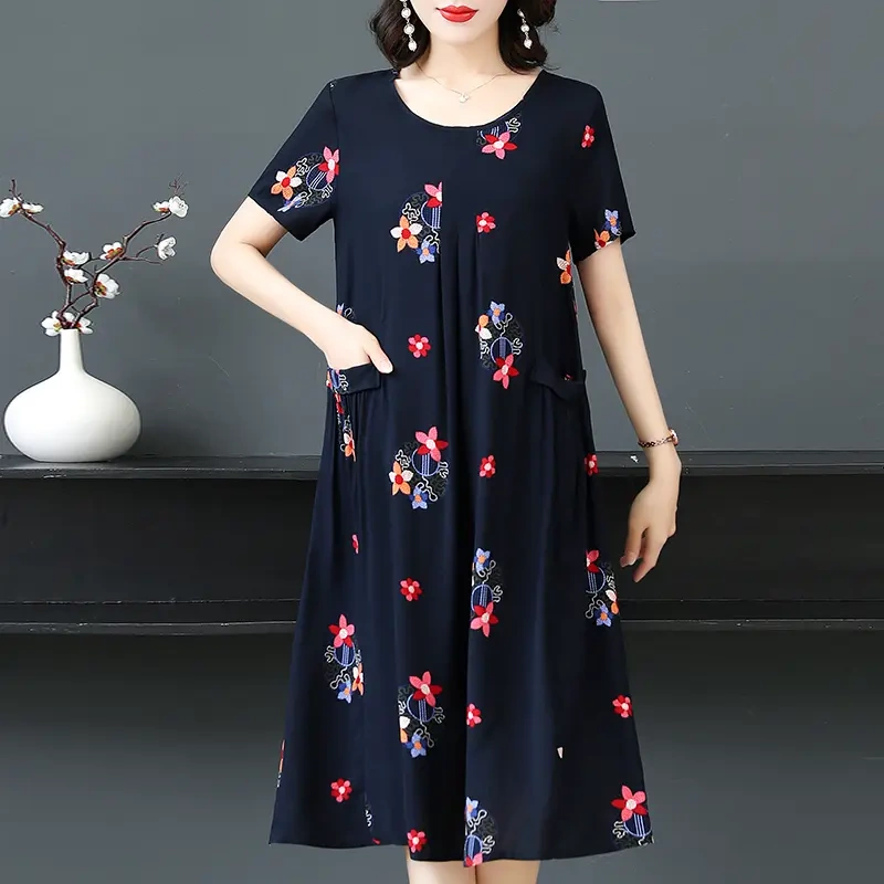 Summer 100kg Cotton Silk Dress for Middle-Aged and Elderly Women, Loose Plus-Size Dress for Plus-Size Moms, Tummy-Concealing, Slimming, Stylish Mid-Length Dress Summer 100kg Cotton Silk Dress for Middle-Aged and Elderly Women, Loose Plus-Size Dress for Plus-Size Moms, Tummy-Concealing, Slimming, Stylish Mid-Length Dress