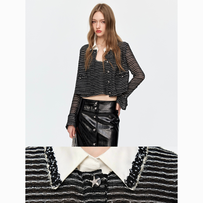Jovvi "Starry Sky Lines" Black and White Striped Acetate Sequin Thin Semi-Sheer Camisole + White Collar Jacket