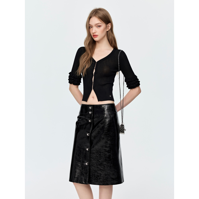Jovvi "Soufflé" Black Three-Quarter Ruffle Sleeve Slim-Fit Rhinestone Button Lightweight Sheer Knit Top