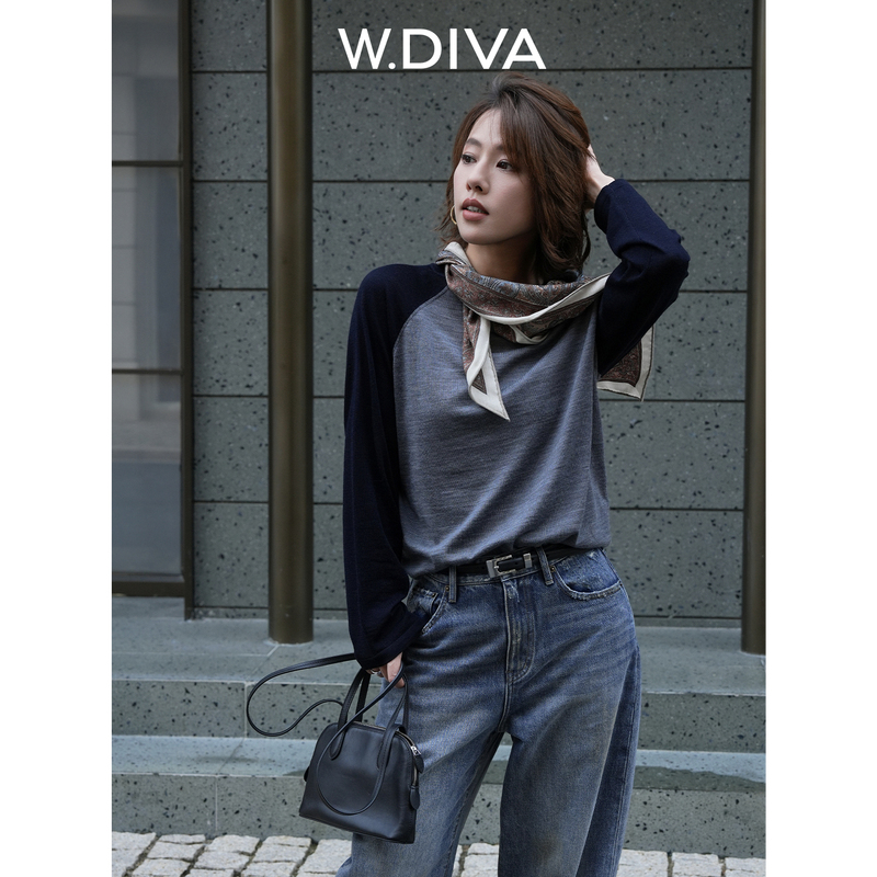 Boss Wei【Line Book】100% Merino Wool Loose Color-Block Long-Sleeve Knit T-Shirt for Women, Early Autumn Slimming Top Boss Wei【Line Book】100% Merino Wool Loose Color-Block Long-Sleeve Knit T-Shirt for Women, Early Autumn Slimming Top