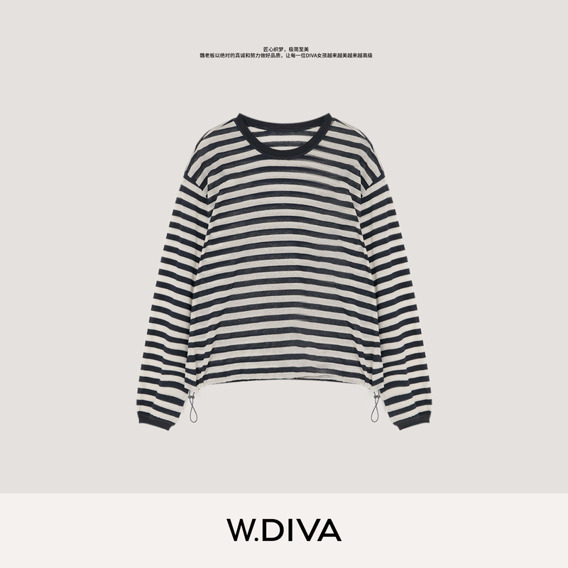 Boss Wei W.Diva【Echo】Drawstring Hem Waist-Cinching Striped Knit Top Sun Protection Cover-Up Loose T-Shirt Summer