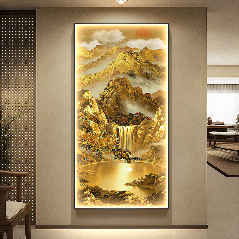 宋代美学金山玄关装饰画聚宝盆走廊过道挂画流水生财入户带灯壁画