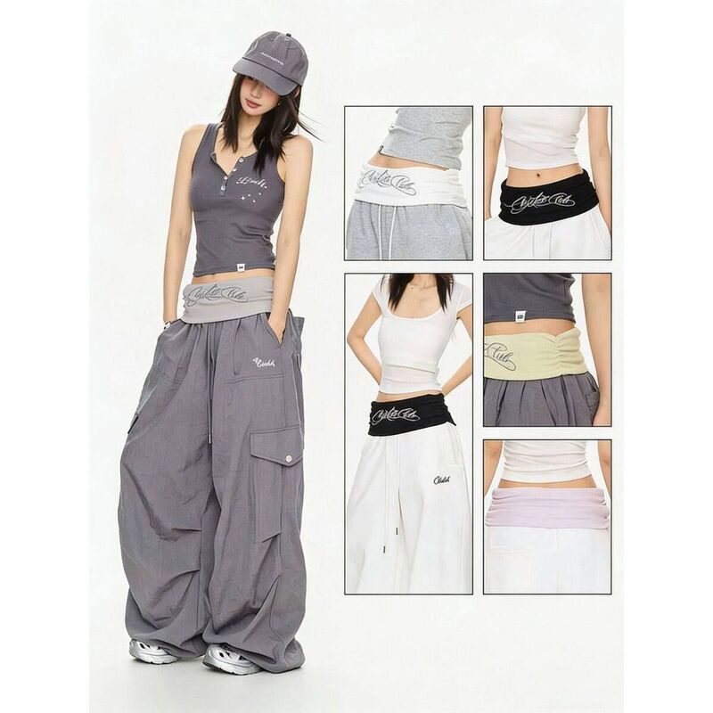 Street Dance Fashion Brand Gothic Style Flip-Waistband with Handwritten Lettering and Beaded Embellishments, Y2K Hot Girl Hip-Hop Style with Subtle Sparkle Print and Soft Accessories
