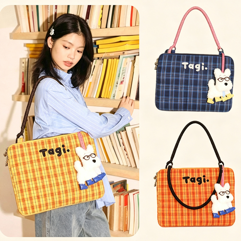 Tagi. Woven Bag Small Pillow Filled with Cotton Embroidered Handbag Shoulder Bag Anti-Drop Shockproof Laptop Bag Portable Computer Bag