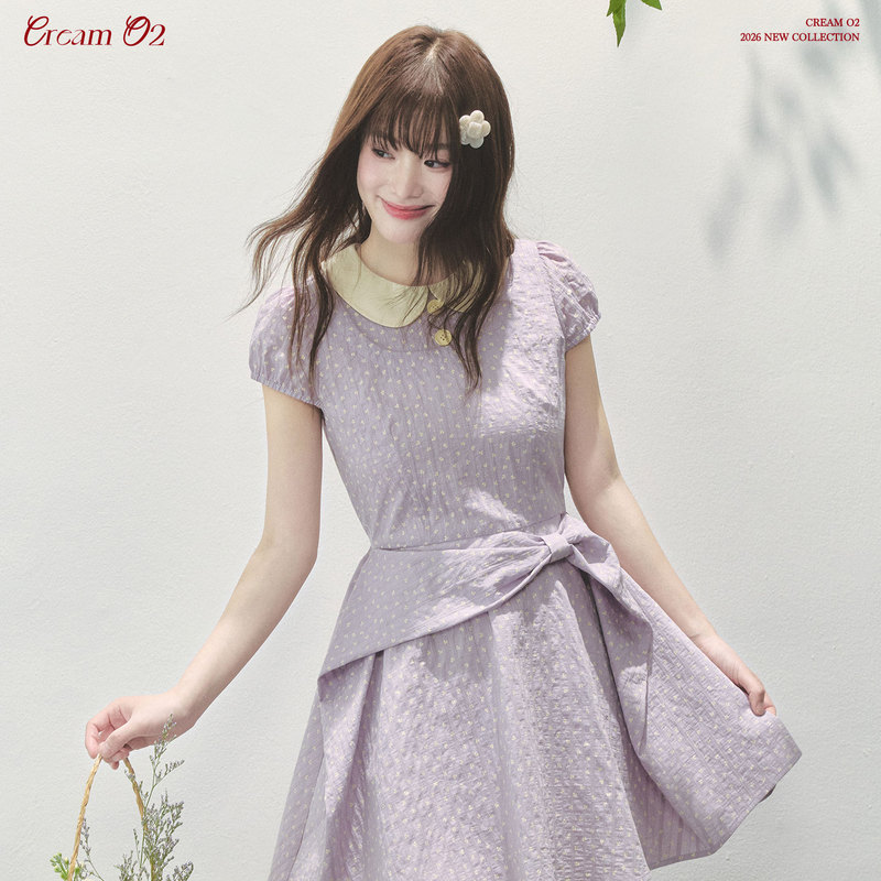 Cream Oxygen Summer New Sweet Girly Style Doll Collar Waist-Cinching Design Bow Dress A-Line Skirt Cream Oxygen Summer New Sweet Girly Style Doll Collar Waist-Cinching Design Bow Dress A-Line Skirt