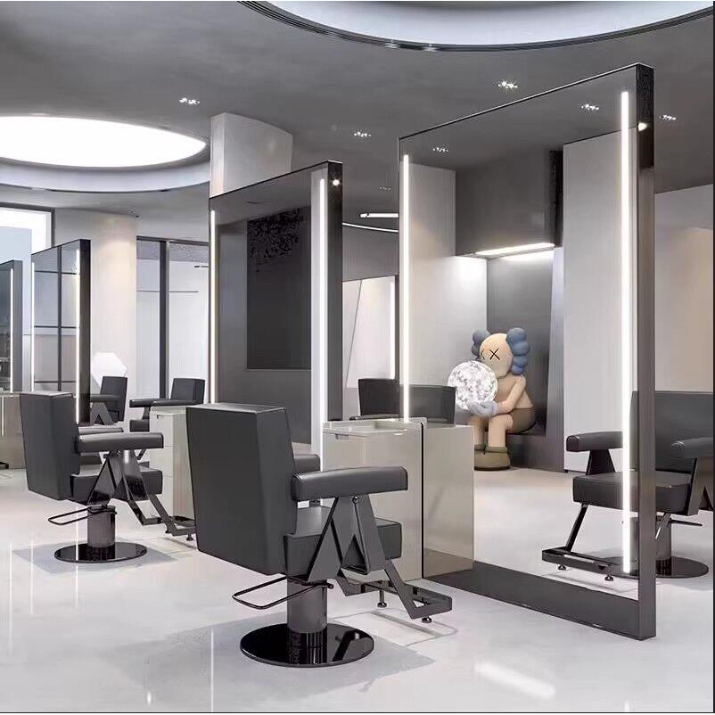 New hair salon Internet celebrity mirror gallery dyeing special surface / barber shop double-sided floor-standing hair cutting and perming mirror with light