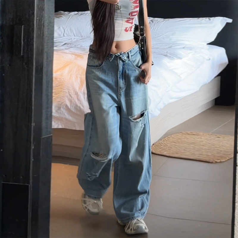 Ice Blue Lapel Ripped Design Wide-Leg Jeans for Women, 2026 Summer New Style, Petite Drapey Straight-Leg Pants