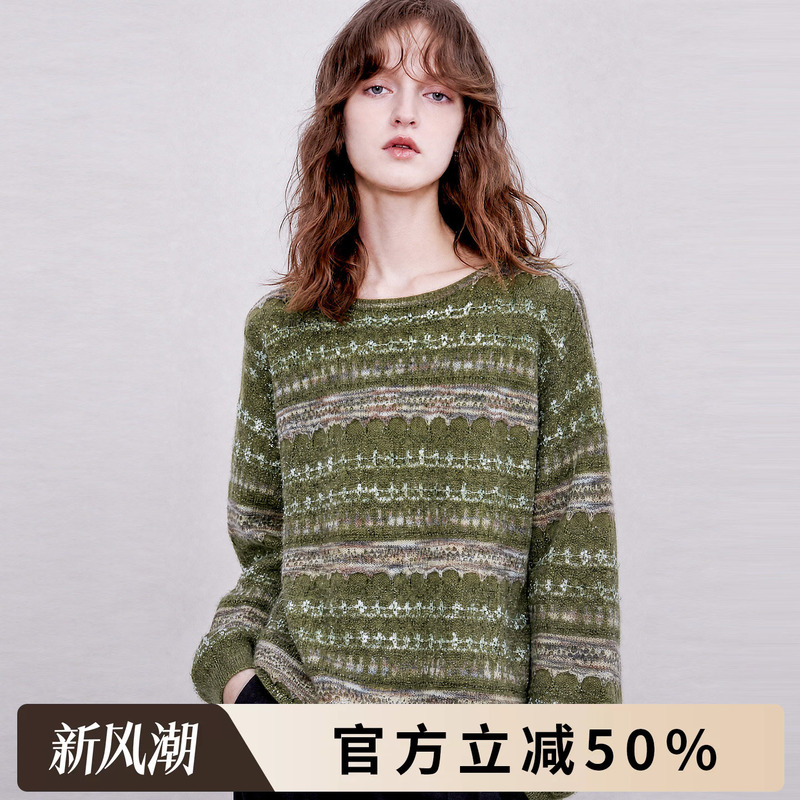 Coco Hurben Autumn Army Green Fair Isle Jacquard Fine Glitter Wave Edge Knit Top for Women Hbt2162