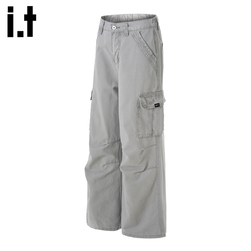 It: Fivecm American Retro Large Pocket Cargo Pants for Men, Minimalist Loose Wide-Leg Pure Cotton Straight-Leg Long Pants