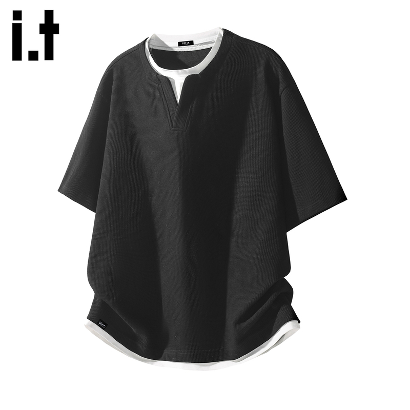 It: Fivecm Trendy Brand Henry Collar Short-Sleeve T-Shirt for Men, Summer Loose Fit, Fake Two-Piece Waffle Versatile Top It: Fivecm Trendy Brand Henry Collar Short-Sleeve T-Shirt for Men, Summer Loose Fit, Fake Two-Piece Waffle Versatile Top