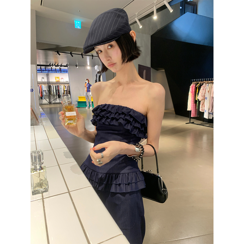 Mona Zhang Qixian Layered Ripple Set/Strapless Non-Slip Full Tube Top + Layered Ruffle Hem Long Pants Set