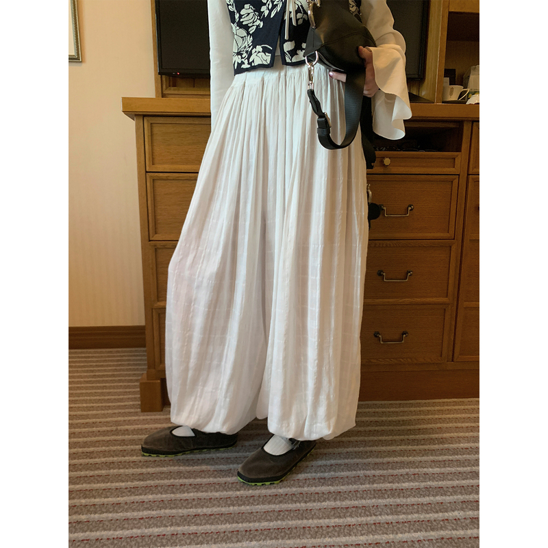 Mona Zhang Qixian Bubble Cloud Plaid Pants/Pure Cotton Textured Drapey Loose Wide-Leg Lightweight Casual Pants