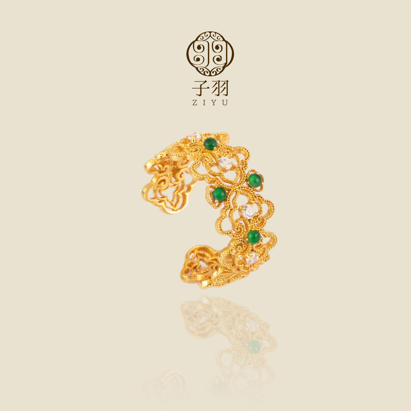 New Chinese style intangible cultural heritage filigree silver gilt open ring
