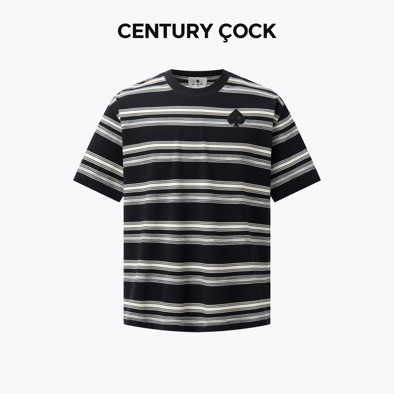 French Century Rooster Striped Short Sleeve T-Shirt for Men, Summer American Style Loose Fit Pure Cotton Heart Embroidery Round Neck Top
