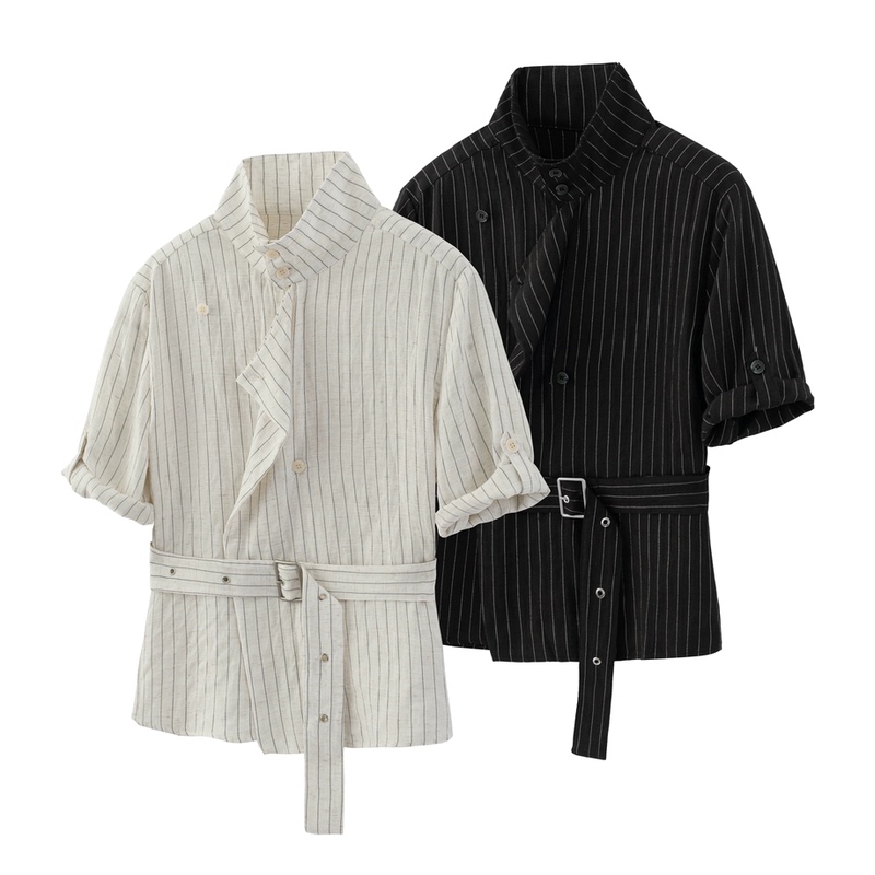 Clearform Same Style, Lyocell Linen Adjustable Sleeve Trim Striped Short-Sleeve Shirt Amateurfit