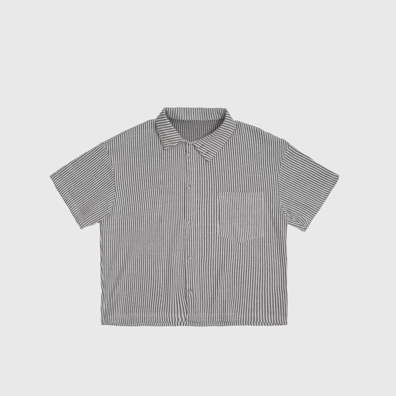 Asymmetrical Collar Two-Way Shirt 4Junks Same Style Italian Roman Striped Short-Sleeve Shirt with a Relaxed Vacation Vibe and Multiple Collar Styles Asymmetrical Collar Two-Way Shirt 4Junks Same Style Italian Roman Striped Short-Sleeve Shirt with a Relaxed Vacation Vibe and Multiple Collar Styles