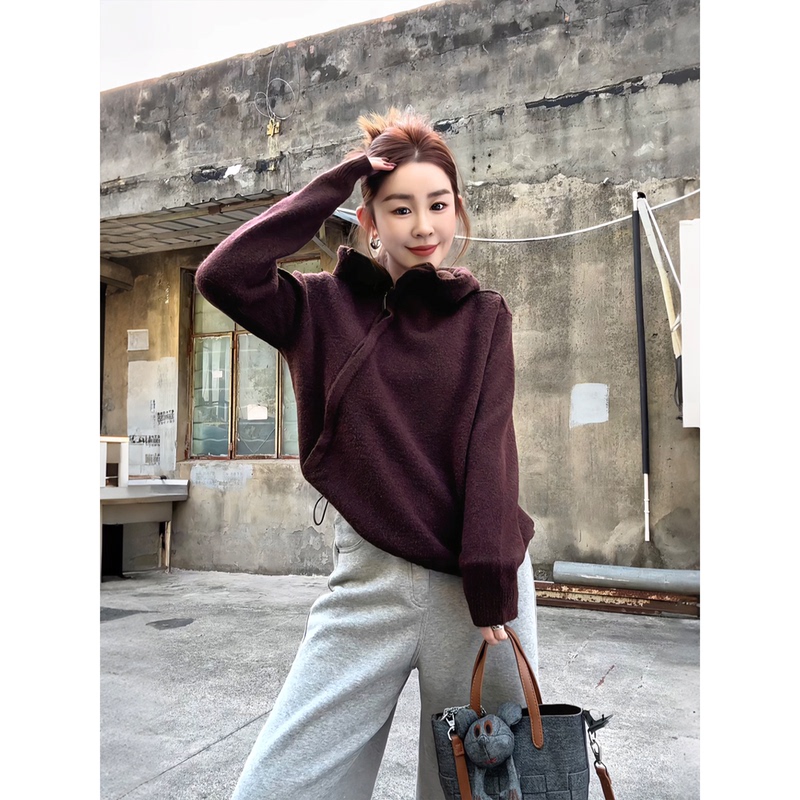 Nine Nine Nine |   【Grape Cold Brew】Autumn and Winter Asymmetrical Diagonal Zipper Long-Sleeve Sweatshirt Hoodie 2610D5888
