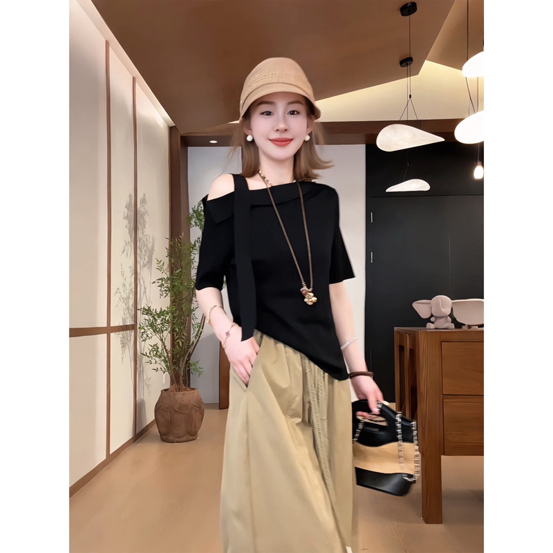 Nine Nine Nine | 【Under the Moonlight】Original Style One-Shoulder Tie Short-Sleeve T-Shirt 2605D2731